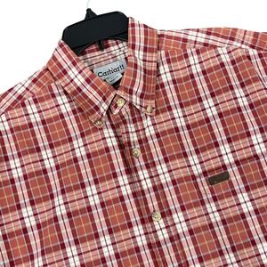 Carhartt Plaid Button Down Shirt Short Sleeve Pocket Workwear Red Tan L Mens
